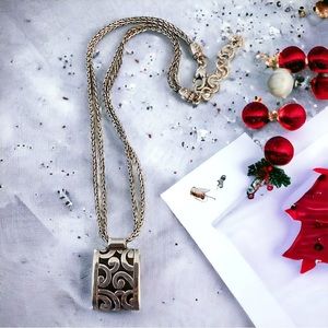 Brighton Deco Lace Scroll Pendant Necklace Silver Tone Double Chain 18”